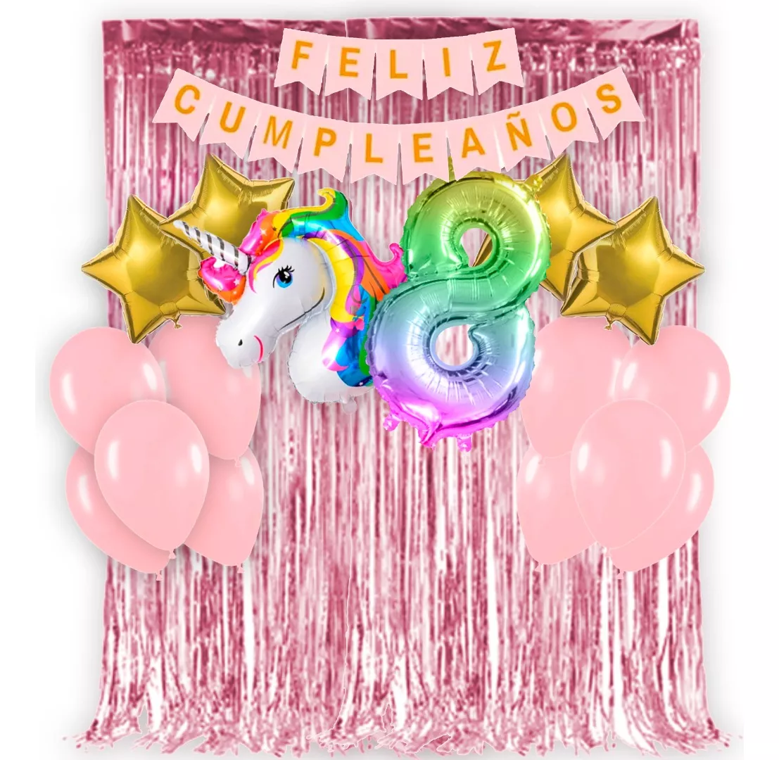 Combo Unicornio Globos Metalizados Cortina Y Banderin